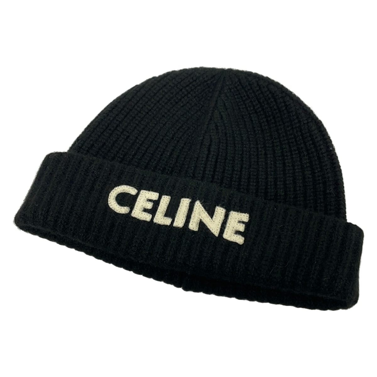 【新着】【中古】CELINE(セリーヌ) 編み物帽 黒×象牙色 カシミール