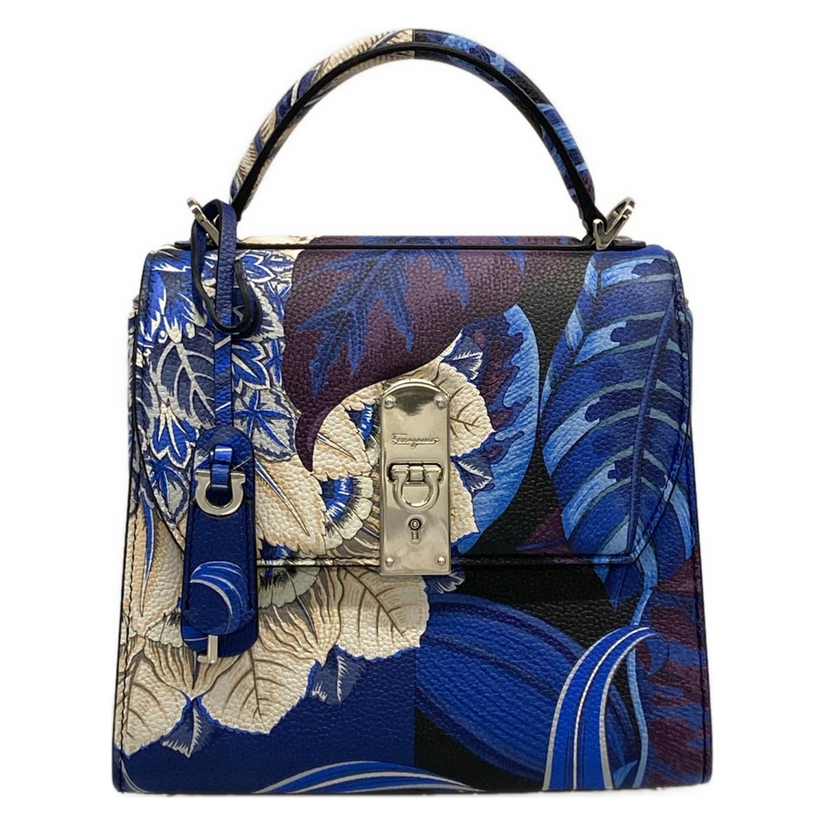 【新着】【中古】FERRAGAMO/SalvatoreFerragamo(サルバトーレフェラガモ) ボクシィズミディアム ハンドバック 花柄 青碧×パープル×マルチ なめし革