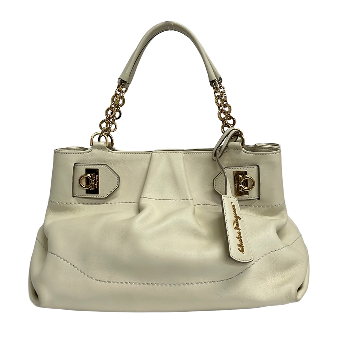 【新着】【中古】FERRAGAMO/SalvatoreFerragamo(サルバトーレフェラガモ) ガンチーニ トートバッグ チェーン店手持ち部分 象牙色 なめし革