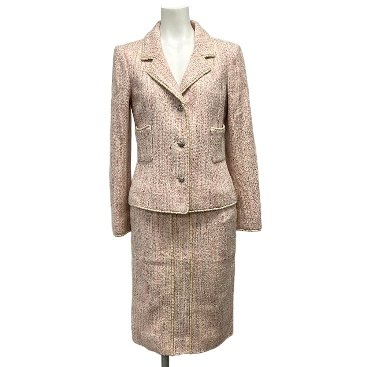 【新着】【中古】CHANEL(シャネル) スコート背広 ツィード さくら色×象牙色×マルチ 綿織物、地絹