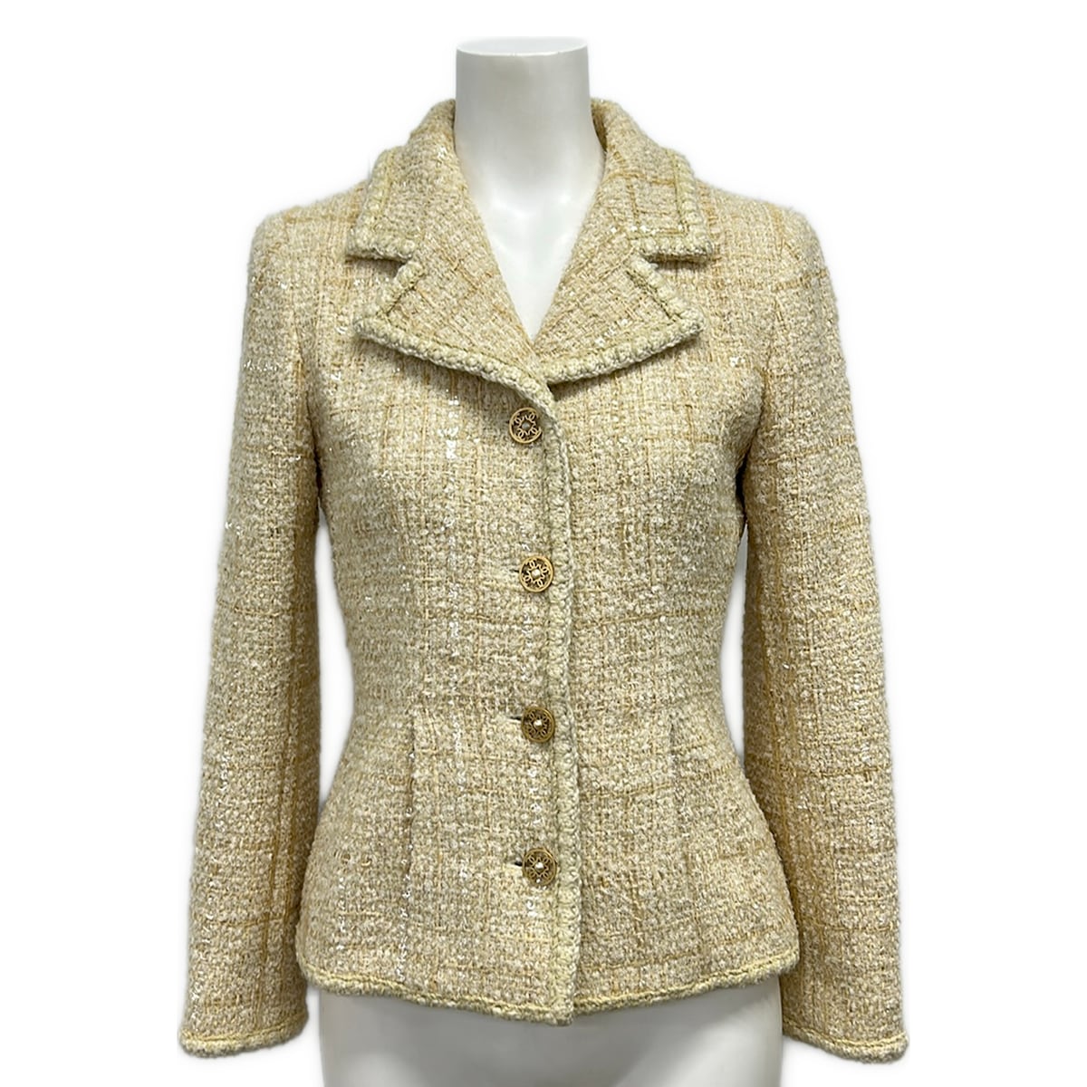 【新着】【中古】CHANEL(シャネル) 上衣 ツィード/スパンコール/フェイクパール/秋/冬 ベージュ 羊毛