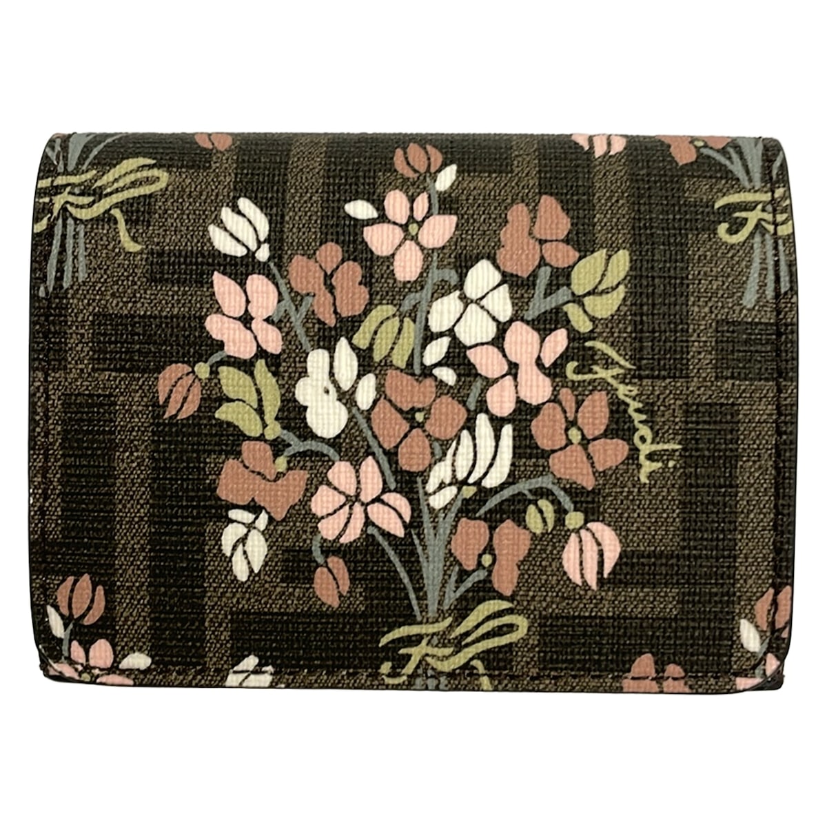 【中古】FENDI(フェンディ) ズッカ柄 3つ折り紙入れ 花柄 赤銅色×ともし火さくら色×マルチ