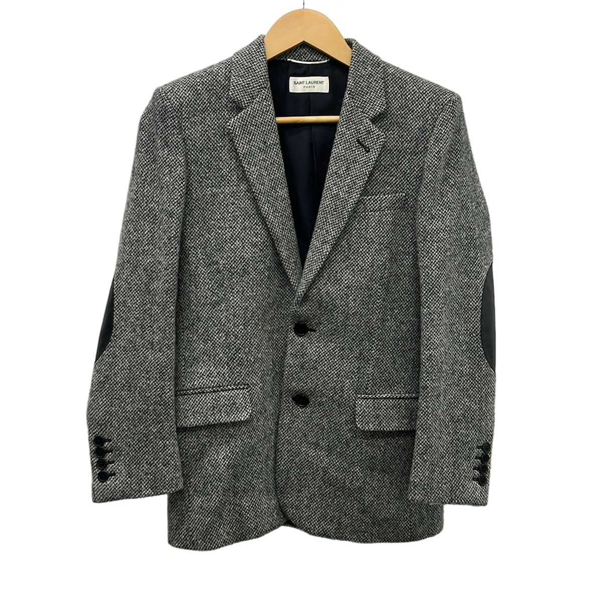 【中古】SAINT LAURENT PARIS(サンローランパリ) ジャケット 長袖/肩パッド/エルボーパッチ/秋/冬 黒&times;ライトグレー｜ブランディア　店