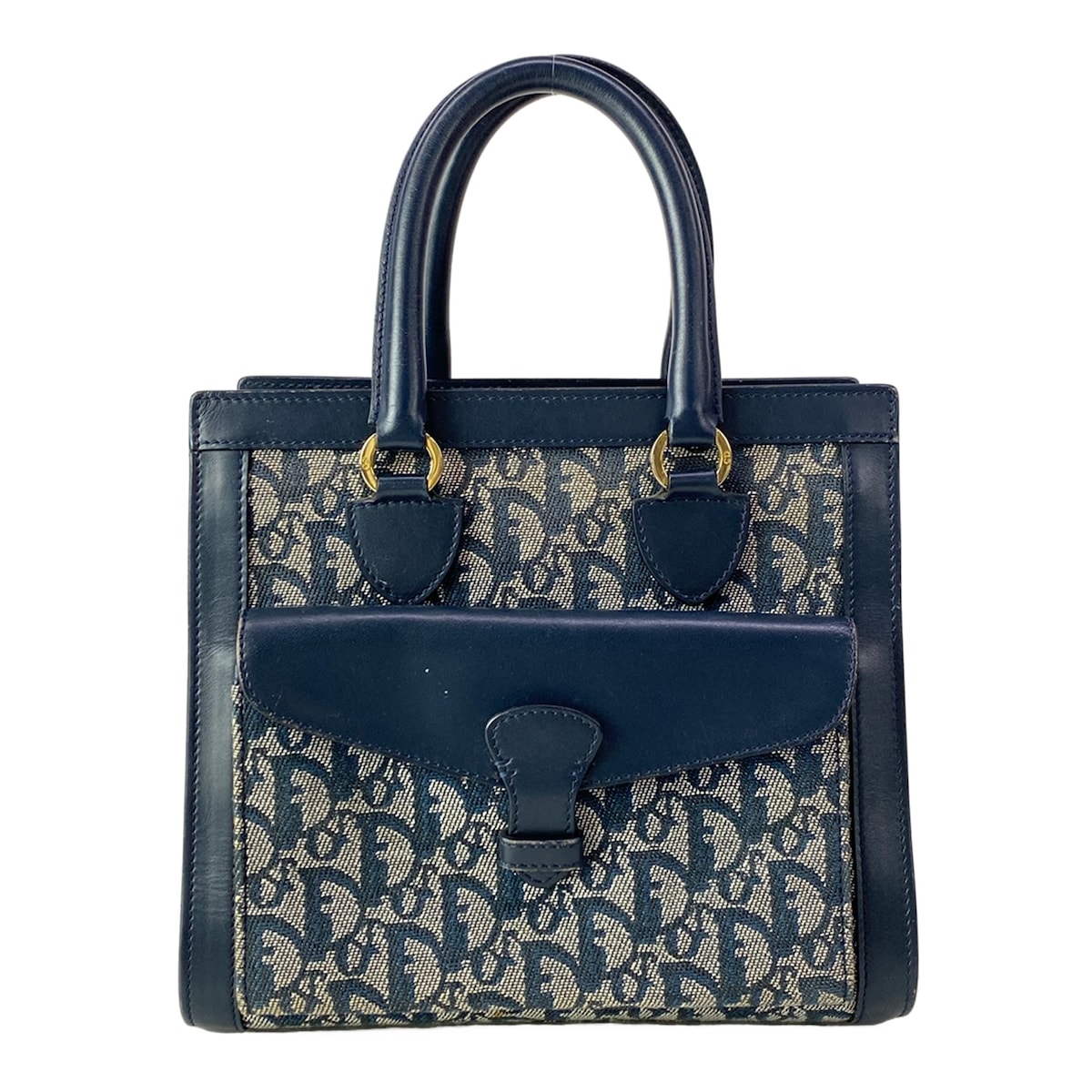 【新着】【中古】DIOR/ChristianDior(クリスチャンディオール/ディオール) ロゴグラム ハンドバック ゴールド金具 白×ダークネイビー なめし革
