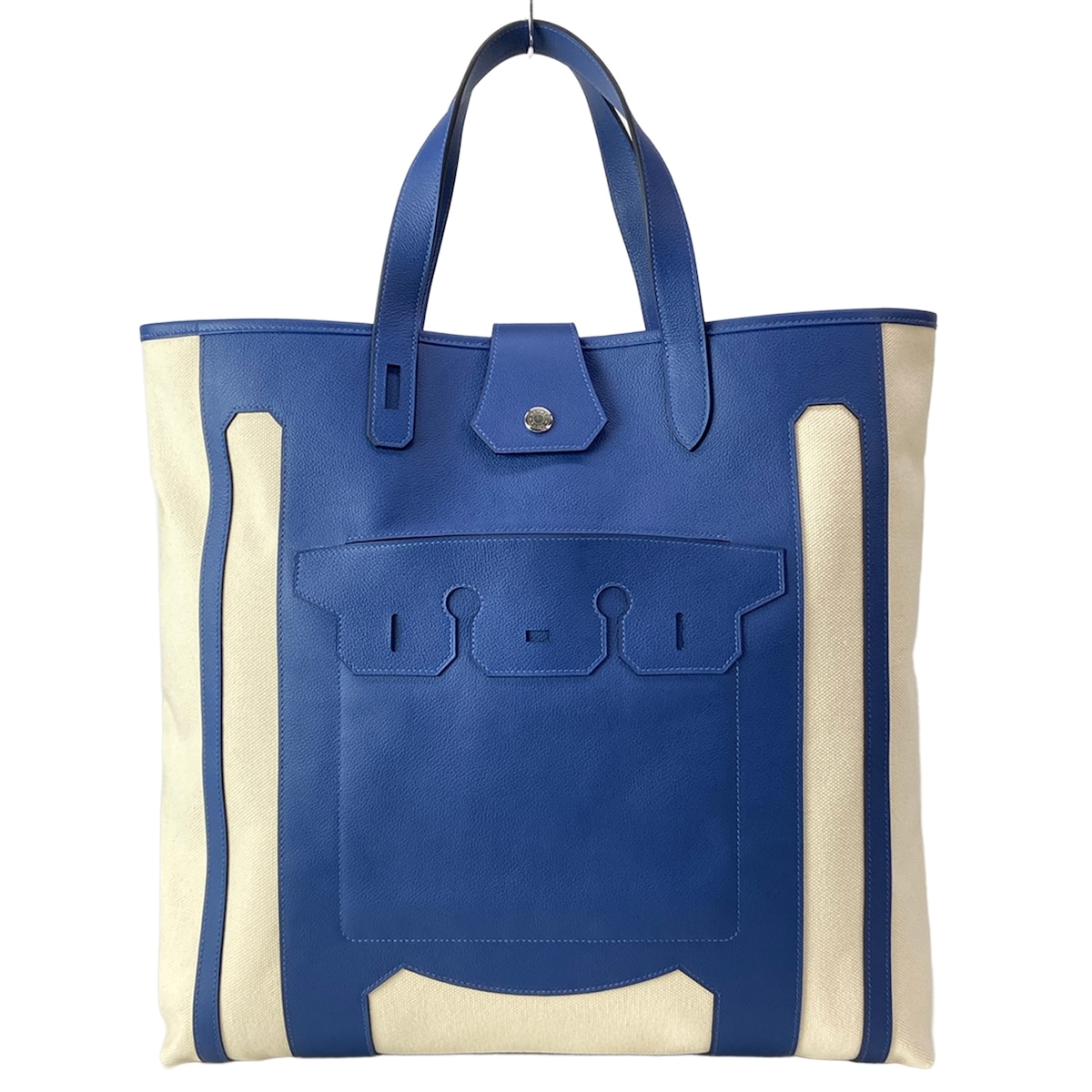 【新着】【中古】HERMES(エルメス) 檀那B/プティアッシュ トートバッグ しろがね色金具 象牙色×青色
