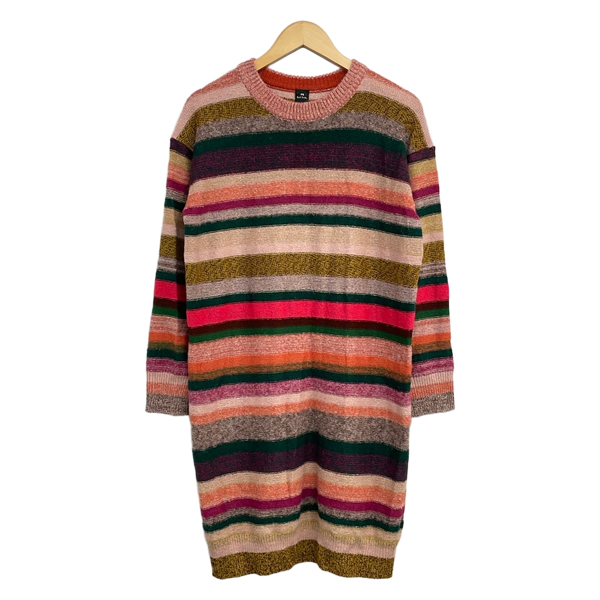 【新着】【中古】PaulSmith(極点スミス) 衣裳 労働者の一団のど首/長袖/ひざ丈/編み物/間借り人 さくら色×暗然たる緑であること×マルチ