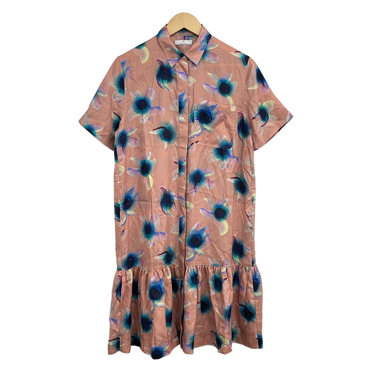 【新着】【中古】PaulSmith(極点スミス) 衣裳 レギュラー色つや/半袖/ロング/花柄/シャツワンピ さくら色ベージュ×青碧×マルチ