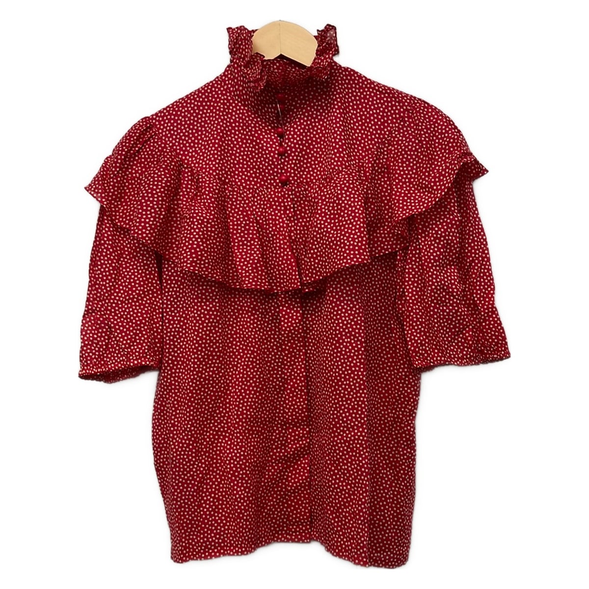 【新着】【中古】DIOR/ChristianDior(クリスチャンディオール/ディオール) 半袖プルオーバートップ 点点柄/フラウンス 赤いこと×ベージュ