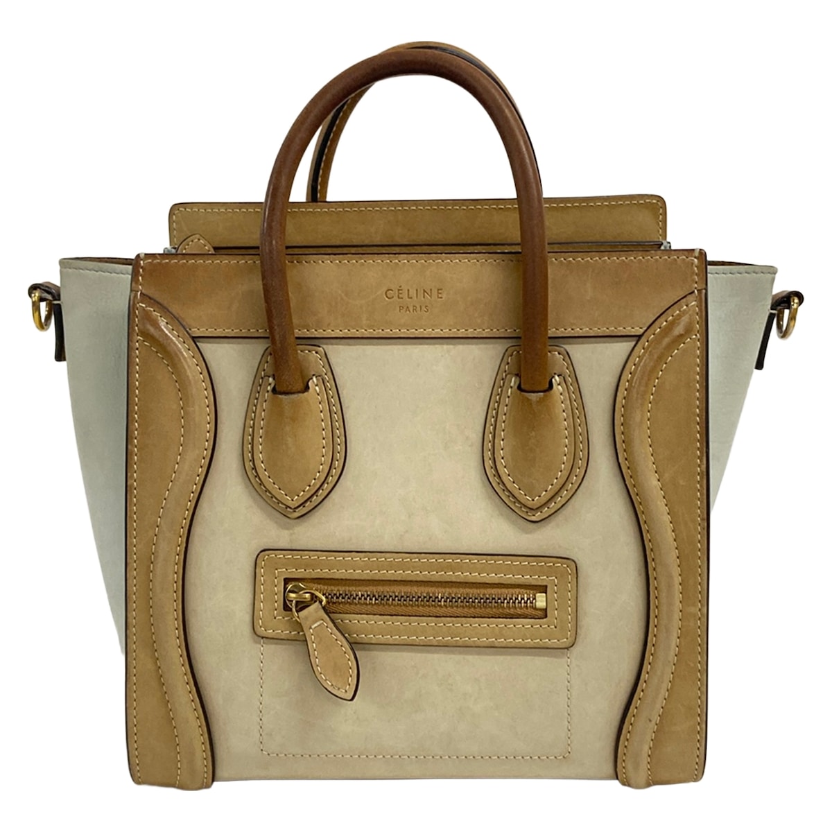 【新着】【中古】CELINE(セリーヌ) ラゲージナノショッパー ハンドバック ベージュ×点火装置赤銅色×点火装置薄墨色 なめし革