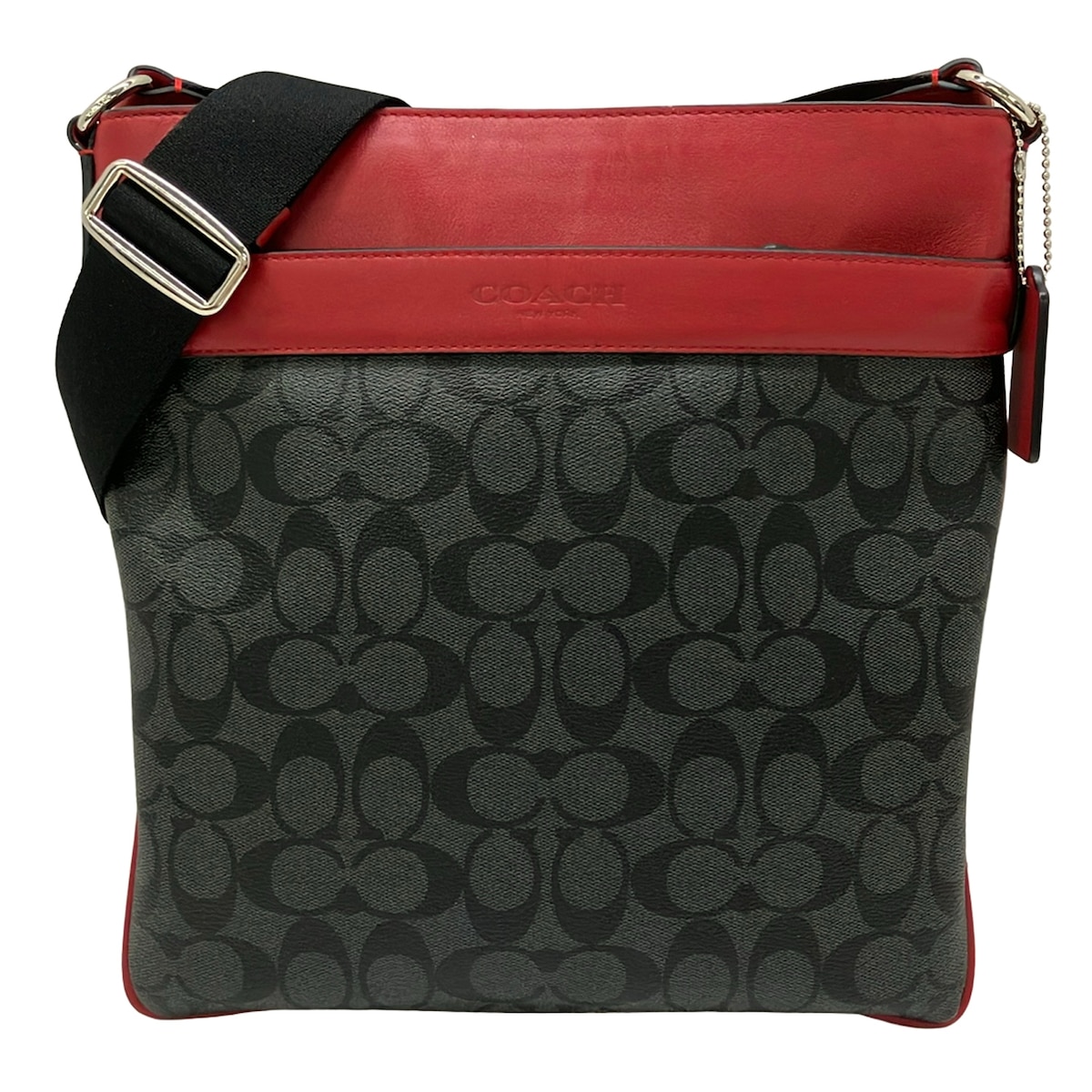 【中古】COACH(コーチ職) 書き判柄 ショルダーバッグ うす暗い薄墨色×黒×赤いこと なめし革