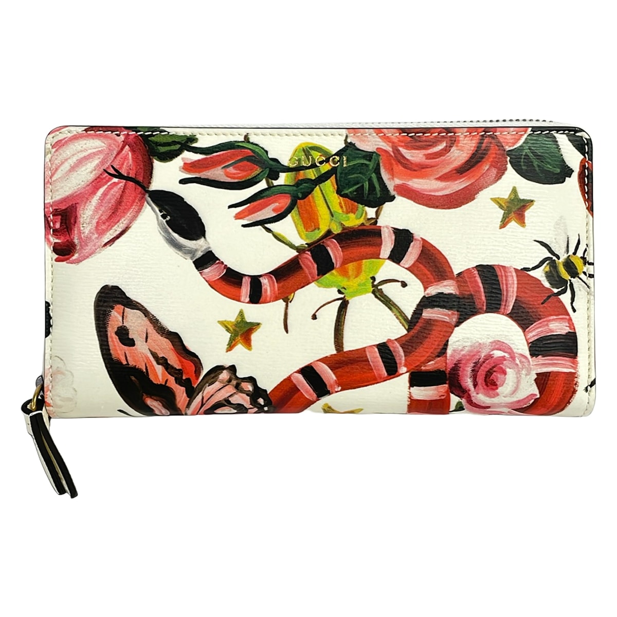 【中古】GUCCI(グッチ) 長金入れ 長虫/夢見鳥(蝶)/ラウンドチャック 象牙色×暗然たる緑であること×マルチ なめし革