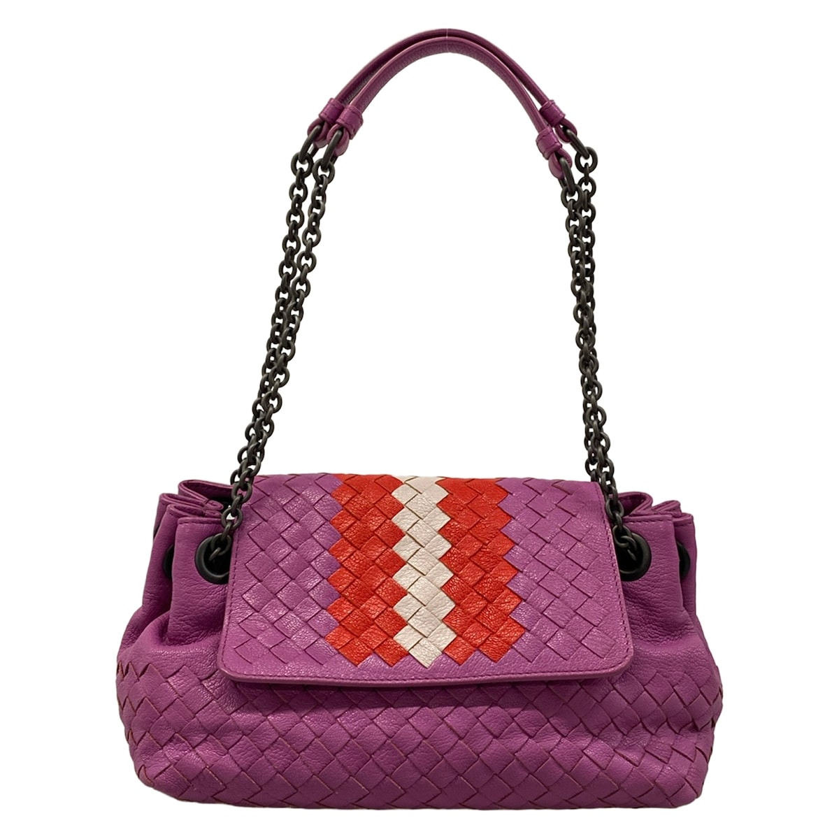 【新着】【中古】BOTTEGA VENETA(ボッテガヴェネタ) イントレチャート ショルダーバッグ チェーン店肩肉 パープル×赤いこと×白 なめし革