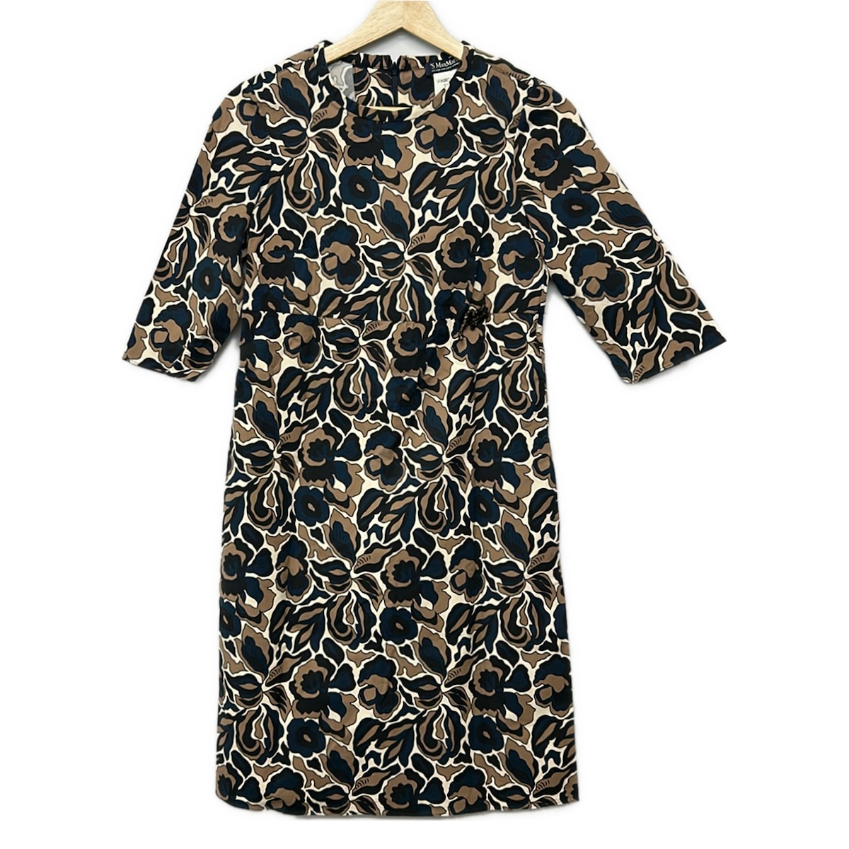 【中古】S Max Mara(マックスマーラ) 衣装 労働者の一団素っ首/七分袖/ひざ丈/花柄 象牙色×うす暗い赤銅色×マルチ