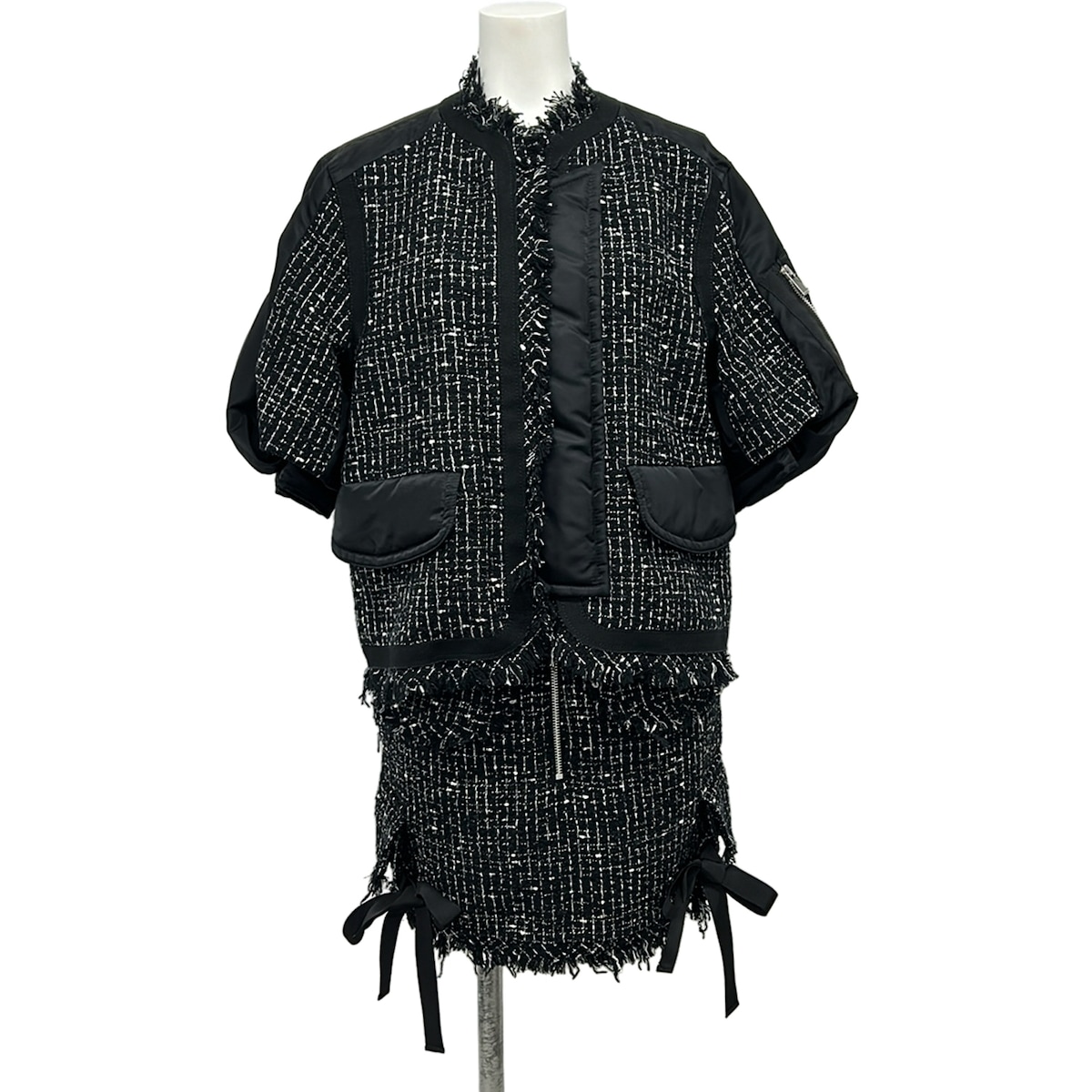 【新着】【中古】Sacai(サカイ) スコートセットアップ ツィード/フリンジ/中綿 黒×白 綿織物
