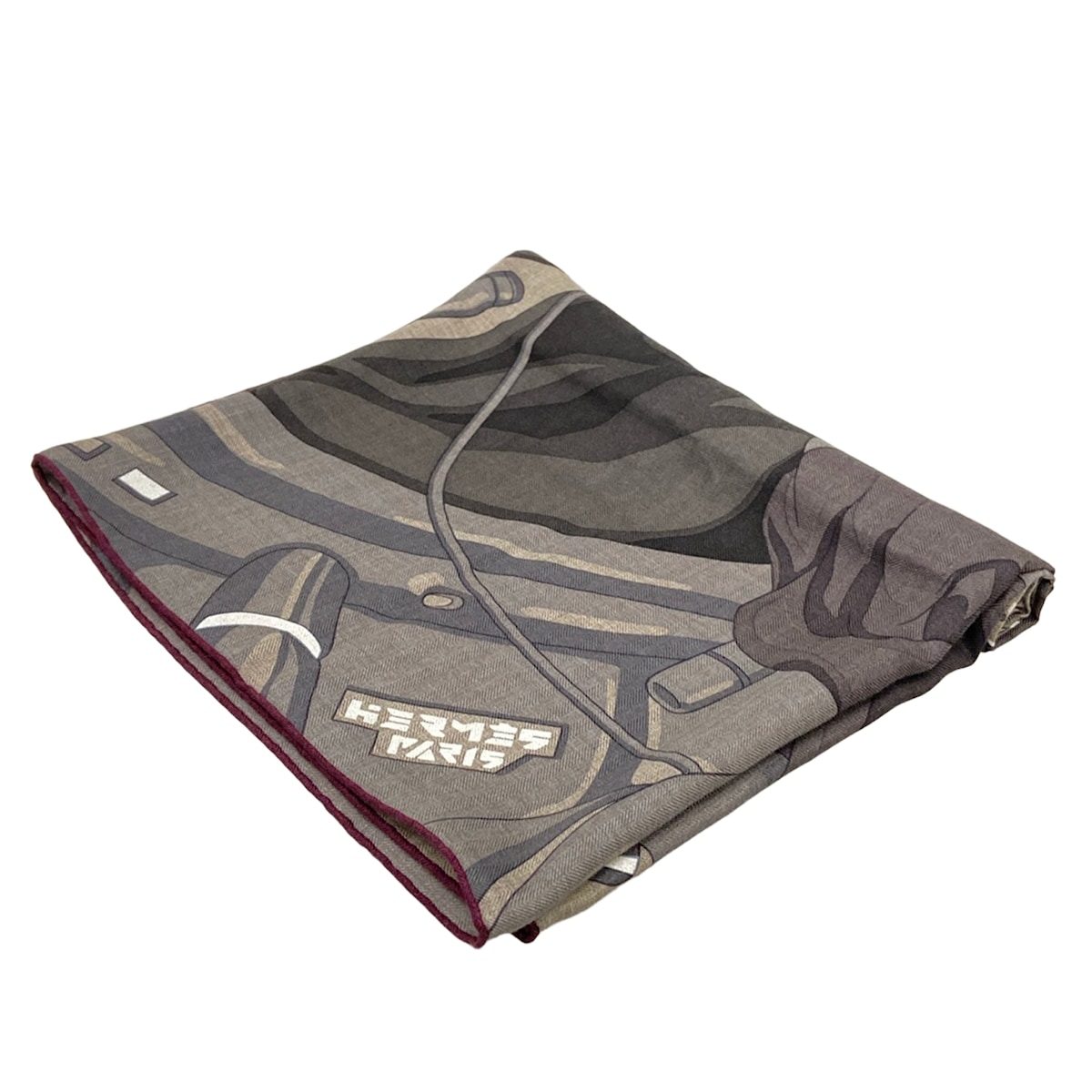 【中古】HERMES(エルメス) カレ100 袈裟(肩かけ) HORSE REALITY 薄墨色ベージュ×うす暗い薄墨色×マルチ カシミール、絹地