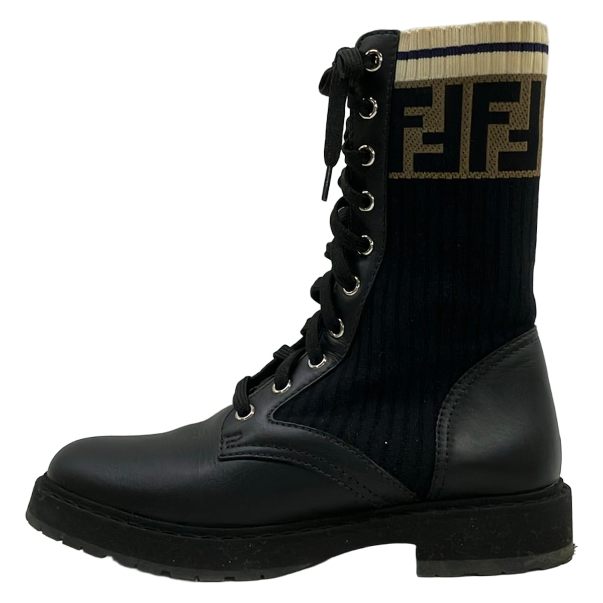 【新着】【中古】FENDI(フェンディ) ロココ ストレッチファブリックバイカーブーツ 遊撃手ブーツ スピード競技引きあげる/ズッカ柄 黒×ベージュ×象牙色 なめし革
