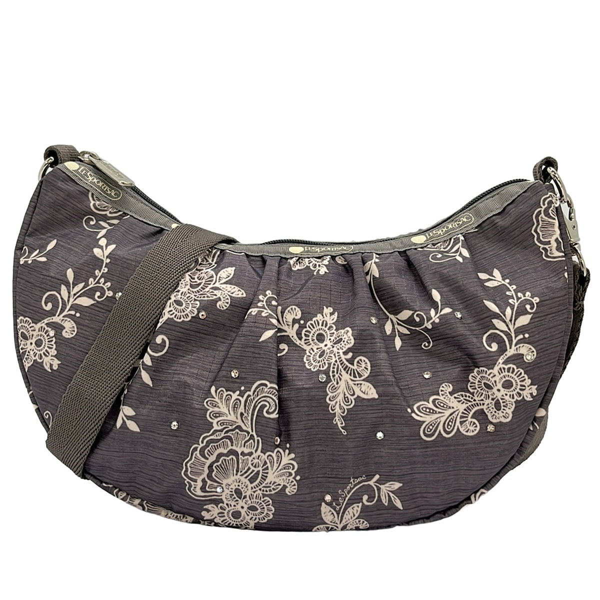【新着】【中古】LESPORTSAC(レスポートサック) ショルダーバッグ 生産ライン石ころ/花柄/同盟罷工さあ美着脱可 うす暗い薄墨色×象牙色