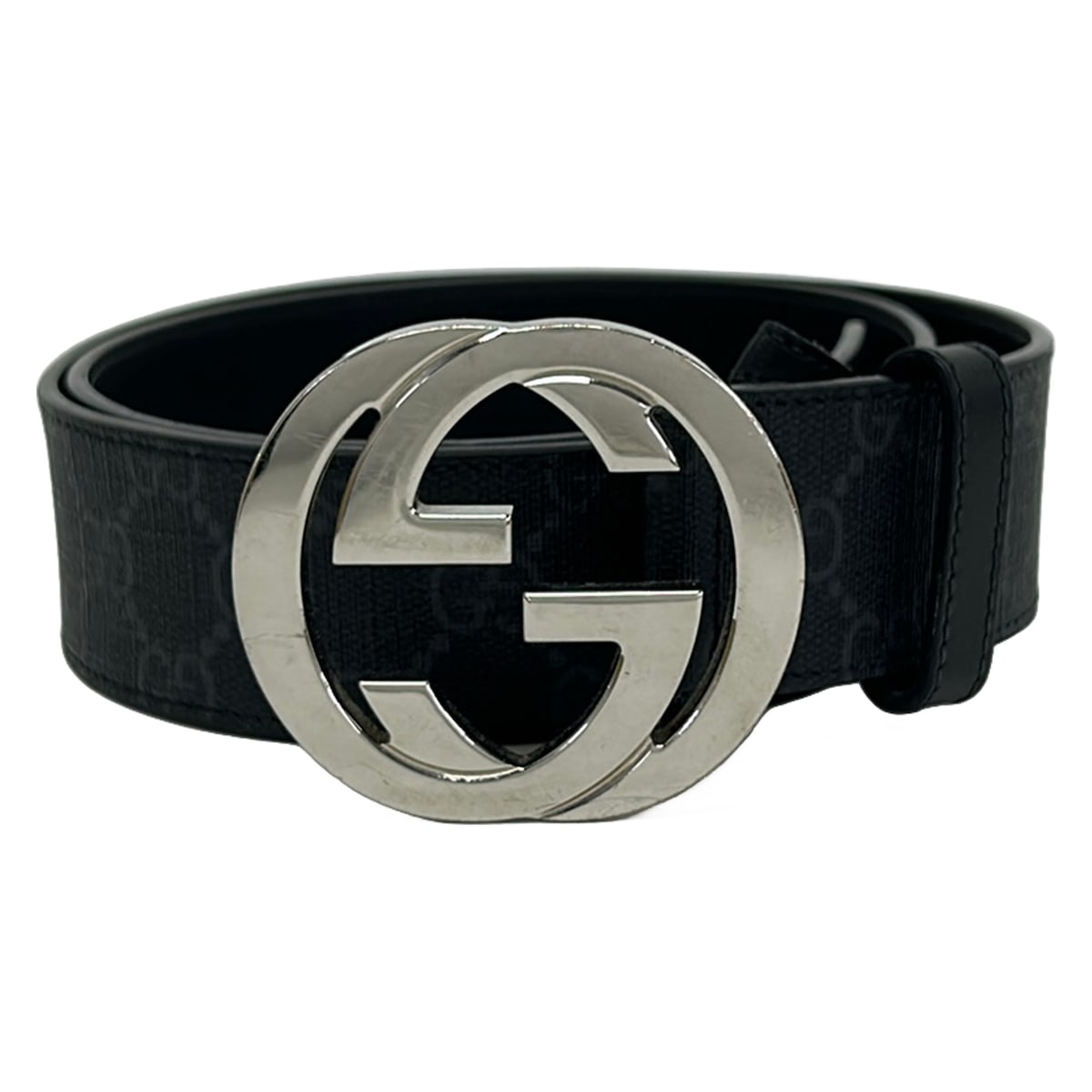 【中古】GUCCI(グッチ) 三尺帯 インターロッキングG/GGつけ加える・GGスプリーム 黒×暗然たる薄墨色×しろがね色 なめし革