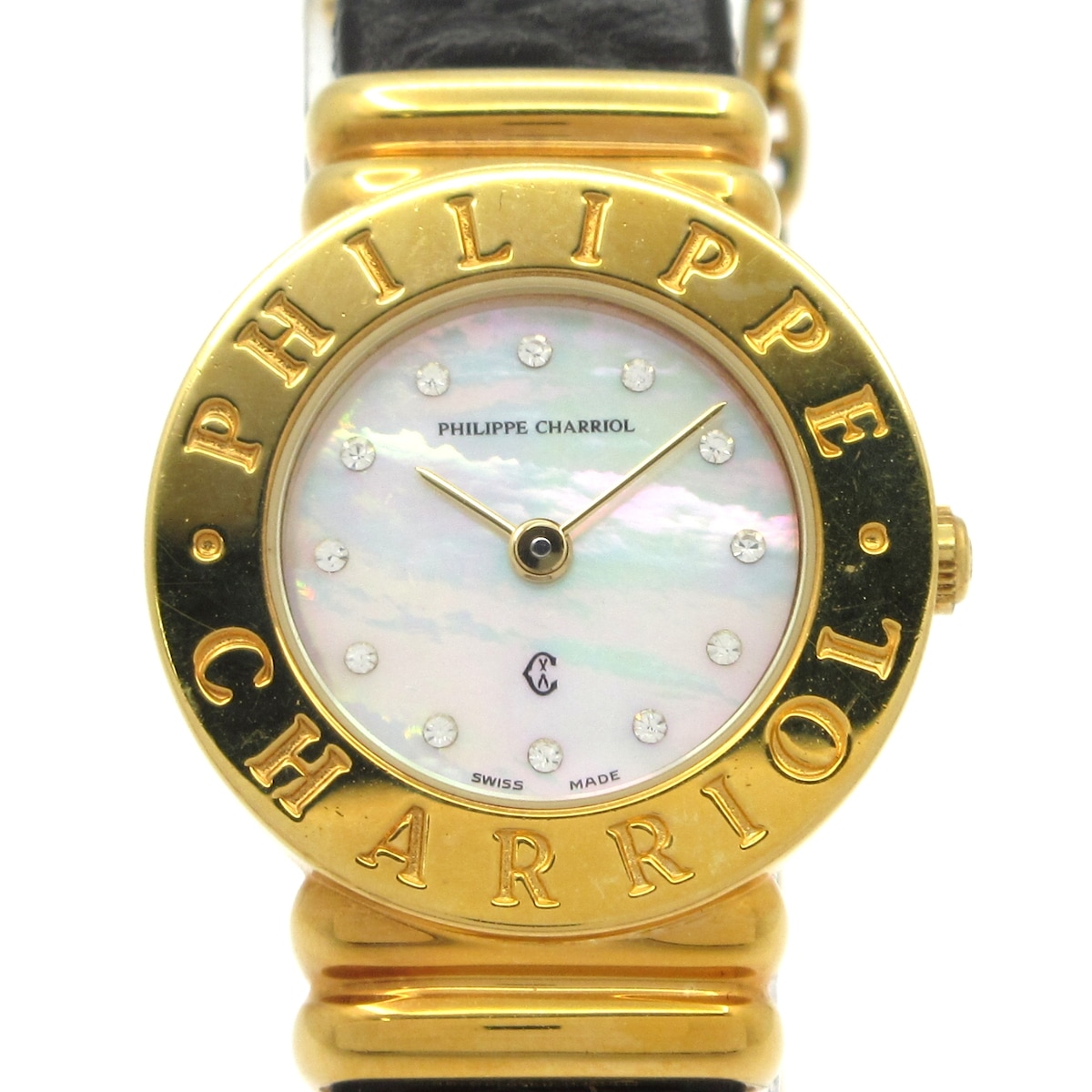 【中古】PHILIPPE CHARRIOL(フィリップシャリオール) サントロペ 腕時計 型押し加工/12Pキュービックジルコニア ホワイトシェル｜ブランディア　店