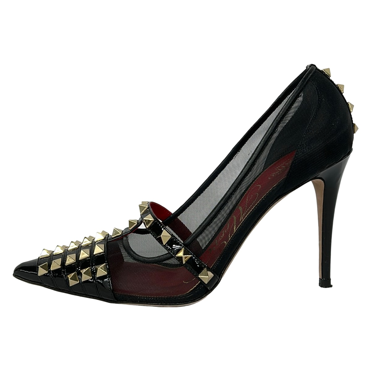 【新着】【中古】VALENTINOGARAVANI(バレンチノガラバーニ) ロックスタッズ アルコーブ パンプス ROCKSTUD/ALCOVE/スタッズ/メッシュ 黒 なめし革