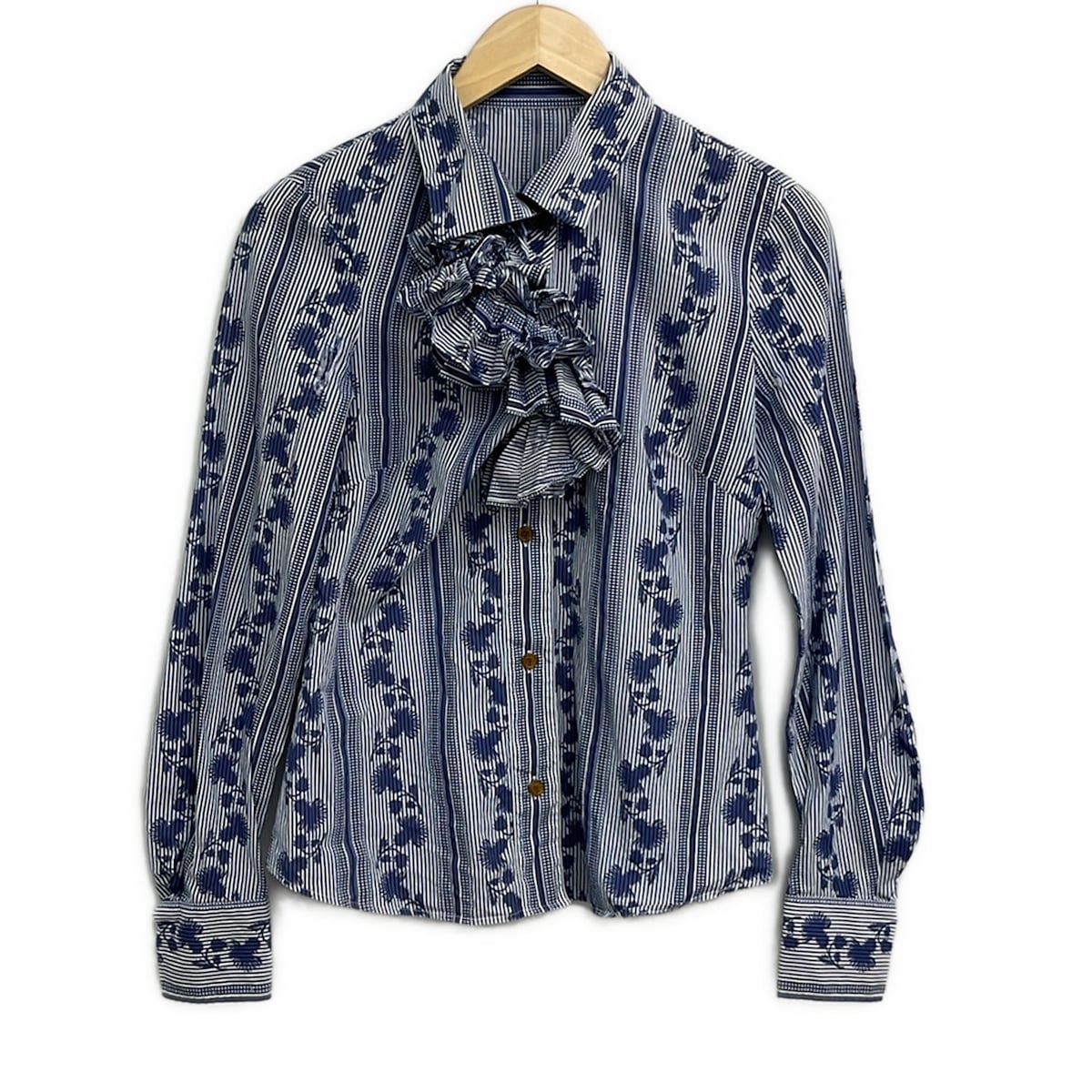 【中古】VivienneWestwoodRedLabel(ヴィヴィアンウエストウッドレッドレーベル) 長袖シャツブラウス ストライプ/フリル ネイビー×白|ブランディア 店