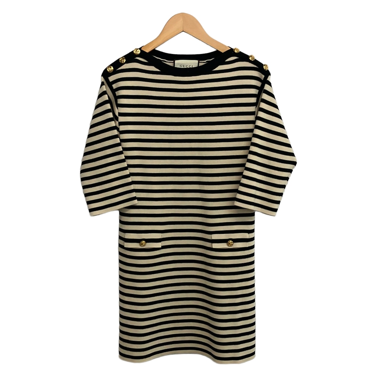【中古】GUCCI(グッチ) ワンピース 半袖/ひざ丈/ニット/ボーダー アイボリー&times;黒｜ブランディア　店