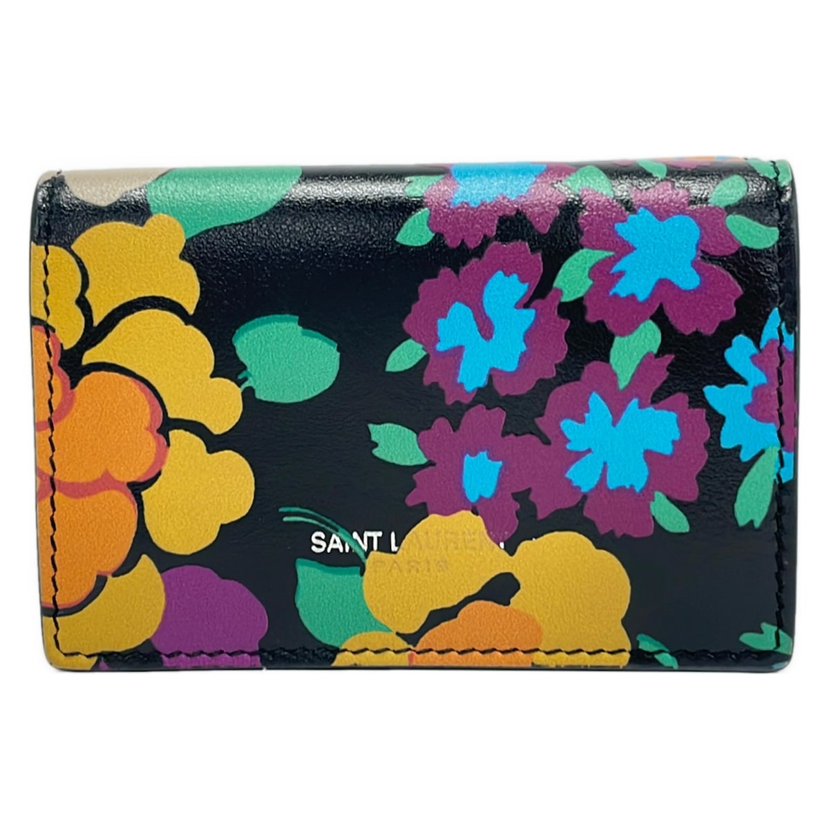 【新着】【中古】SAINT LAURENT PARIS(サンローランパリ) タイニー ウォレット 3つ折り札入れ 花柄 黒×うす暗い黄色×マルチ なめし革