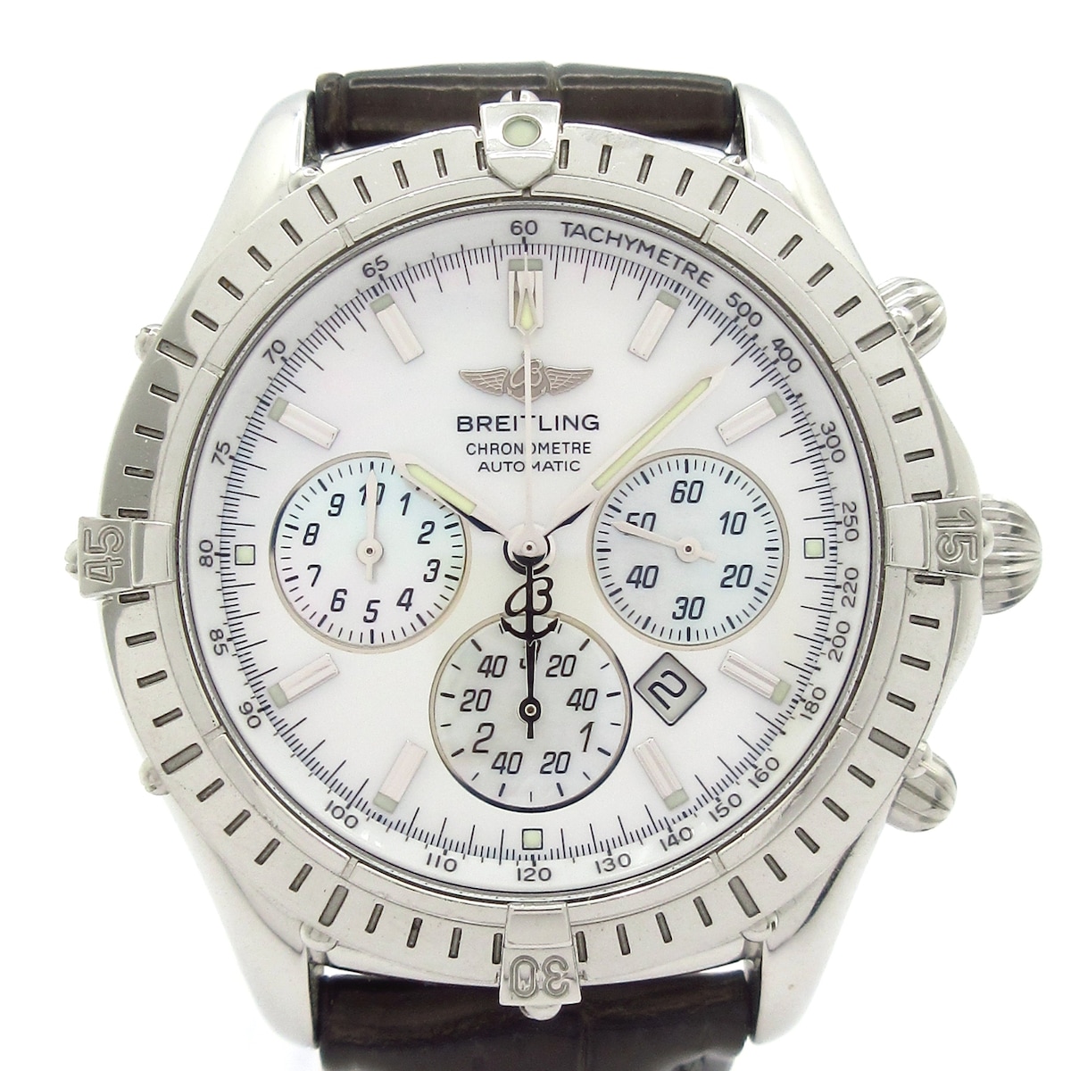 【新着】【中古】BREITLING(ブライトリング) シャドウフライバック ウォッチ SS/外殻文字記号盤/クロノグラフ/回転させるベゼル/完全無欠Dバックル/社外胴締め 白いこと外殻