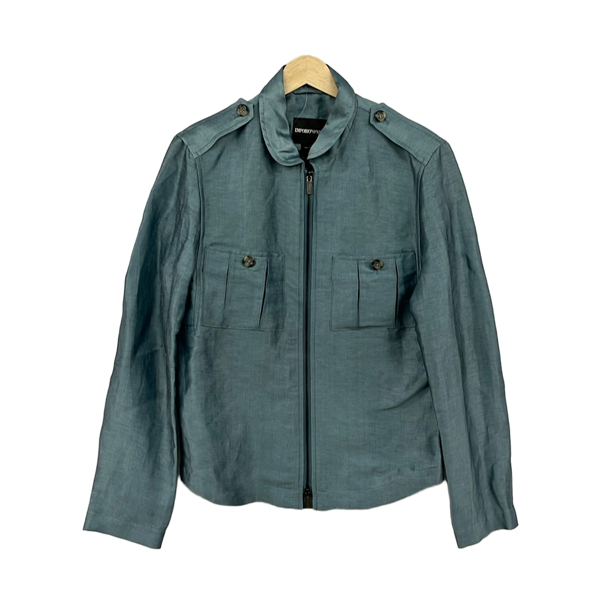 【中古】EMPORIOARMANI(エンポリオアルマーニ) ブルゾン 長袖/ジップアップ/品質表示タグに記入あり/MATT LINE/春/秋/麻 ブルーグリーン｜ブランディア　店