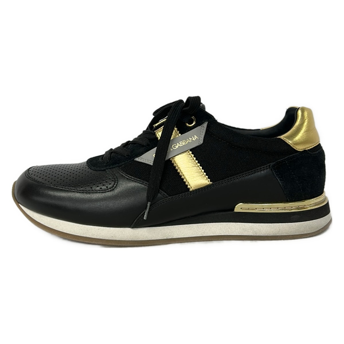 【新着】【中古】DOLCE&GABBANA(ドルチェアンドガッバーナ) スニーカー パンチング 黒&times;ゴールド&times;グレー レザー｜ブランディア　店