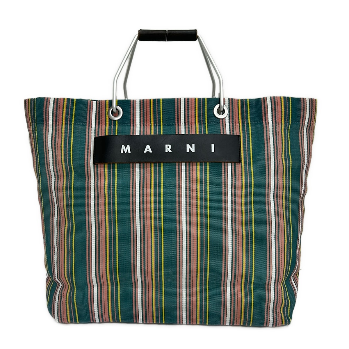 【新着】【中古】MARNI(マルニ) マルニマーケット ストライプ バッグ トートバッグ ストライプ ブルーグリーン&times;ピンクベージュ&times;イエロー レザー｜ブランディア　店