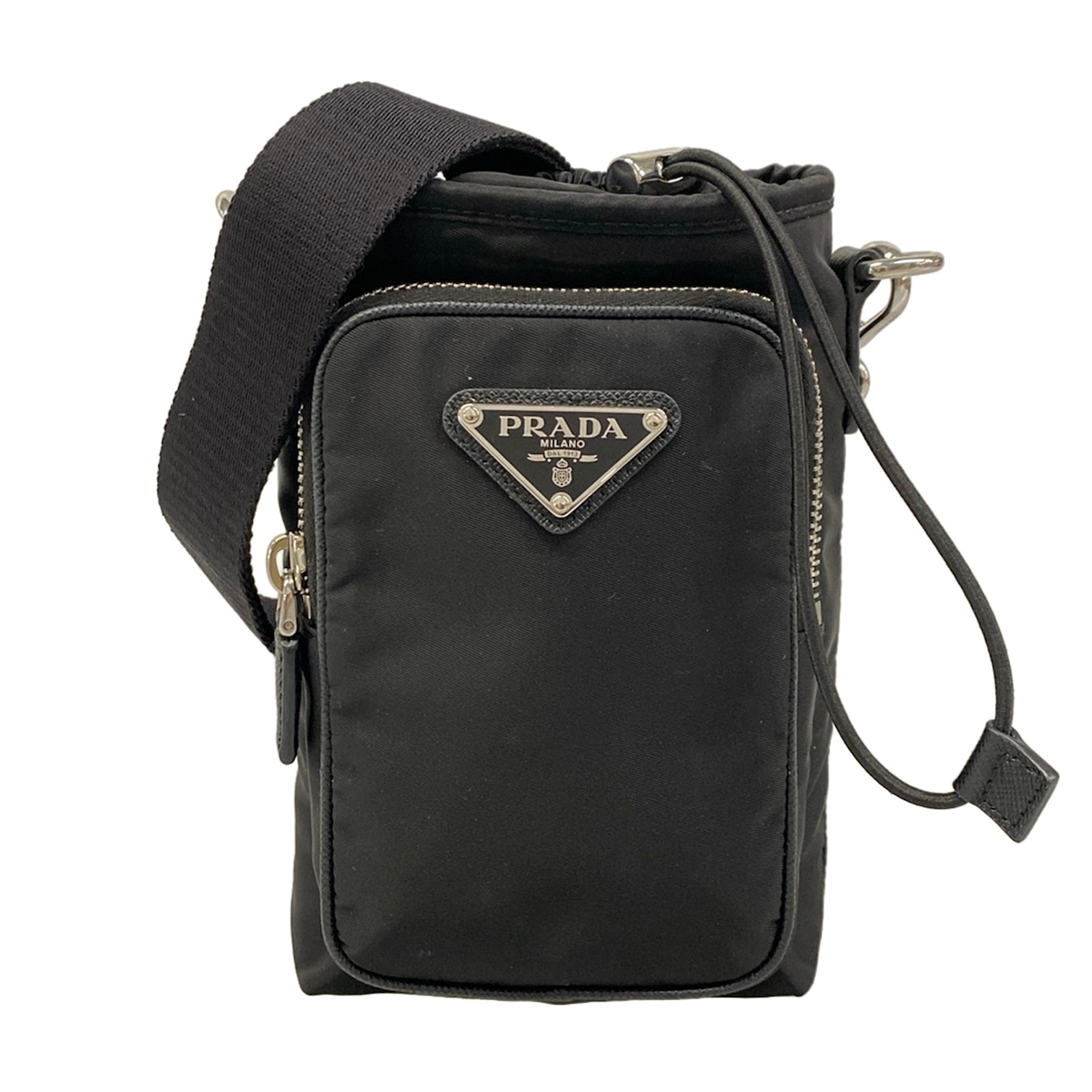 【新着】【中古】PRADA(プラダ) Re-Nylon スマートフォンケース ショルダーバッグ スマホポシェット/ミニバッグ/ストラップ着脱可/巾着型 黒 レザー|ブランディア 店