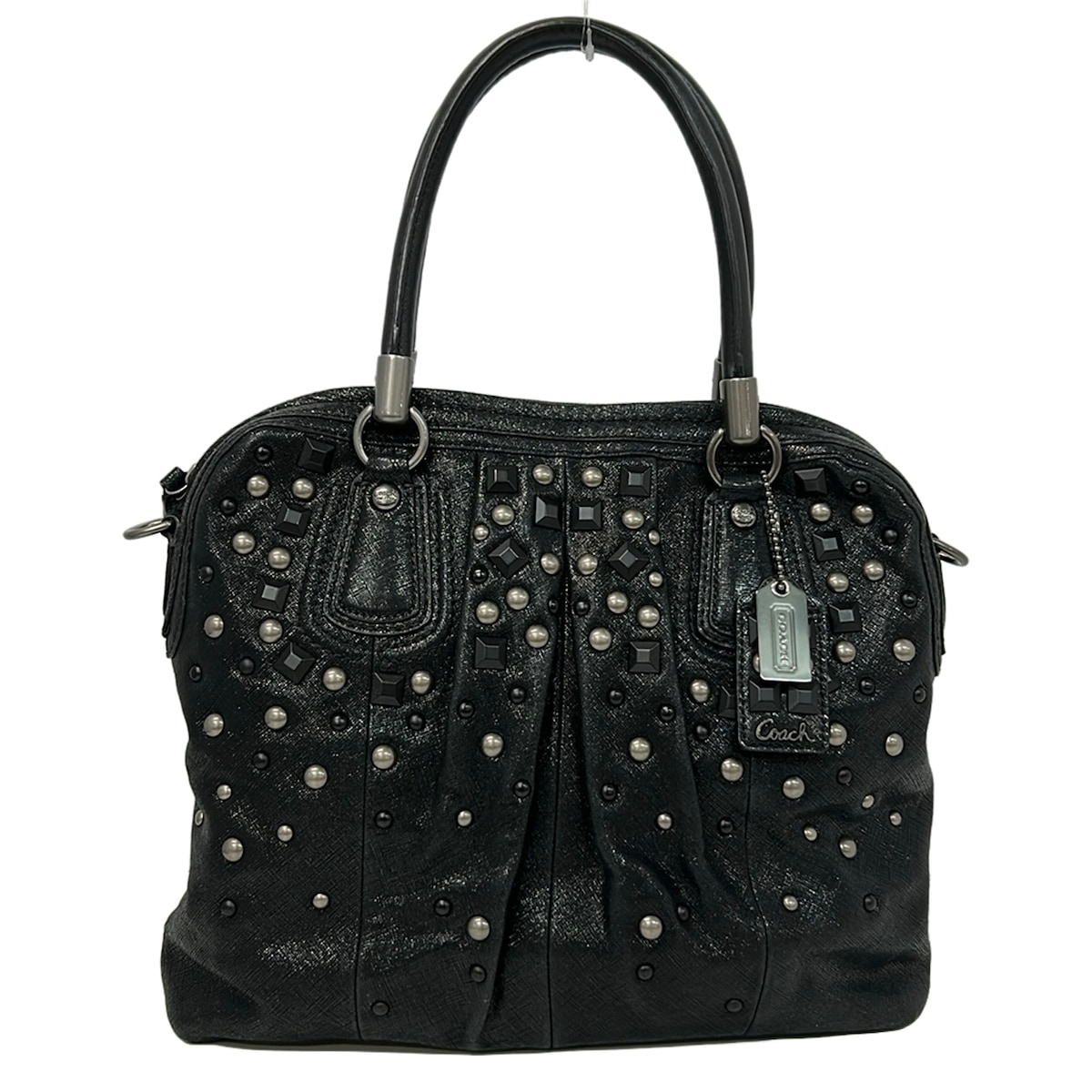 【中古】COACH(コーチ) クリスティンスタデッドレザーサッチェル ハンドバッグ 黒 レザー｜ブランディア　店