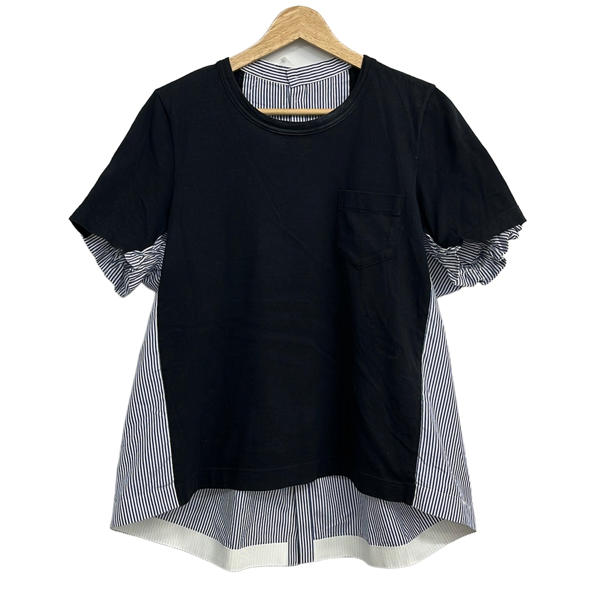 【中古】Sacai(サカイ) チュニック クルーネック/半袖/ストライプ/異素材切り替え/変形デザイン ダークネイビー×ネイビー×白|ブランディア 店
