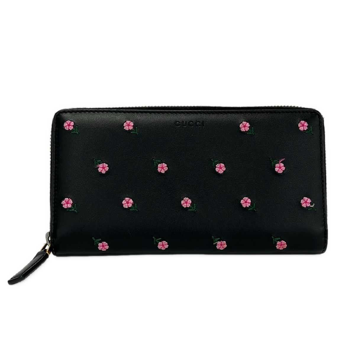 【新着】【中古】GUCCI(グッチ) 長紙入れ 刺しゅう/お花(花)/ラウンドジッパー 黒×ともし火さくら色×緑であること なめし革