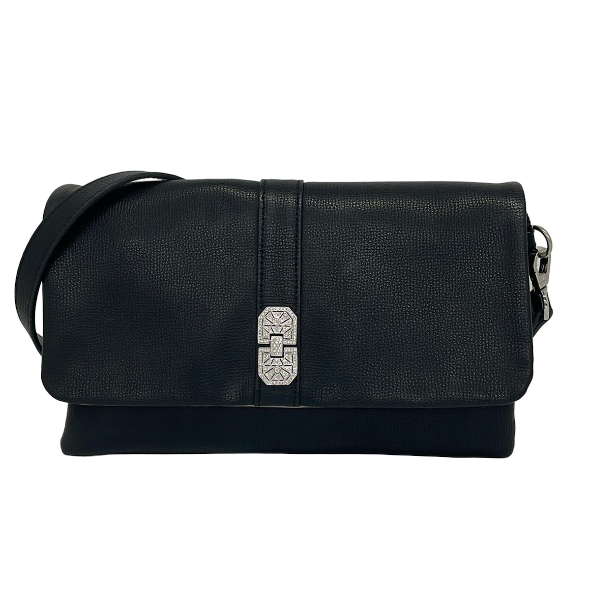 【中古】AccessoiresDeMademoiselle(ADMJ)(アクセソワ・ドゥ・マドモワゼル) ショルダーバッグ クリスタルガラス/ストラップ着脱可/フラップバッグ 黒×グレー レザー|ブランディア 店