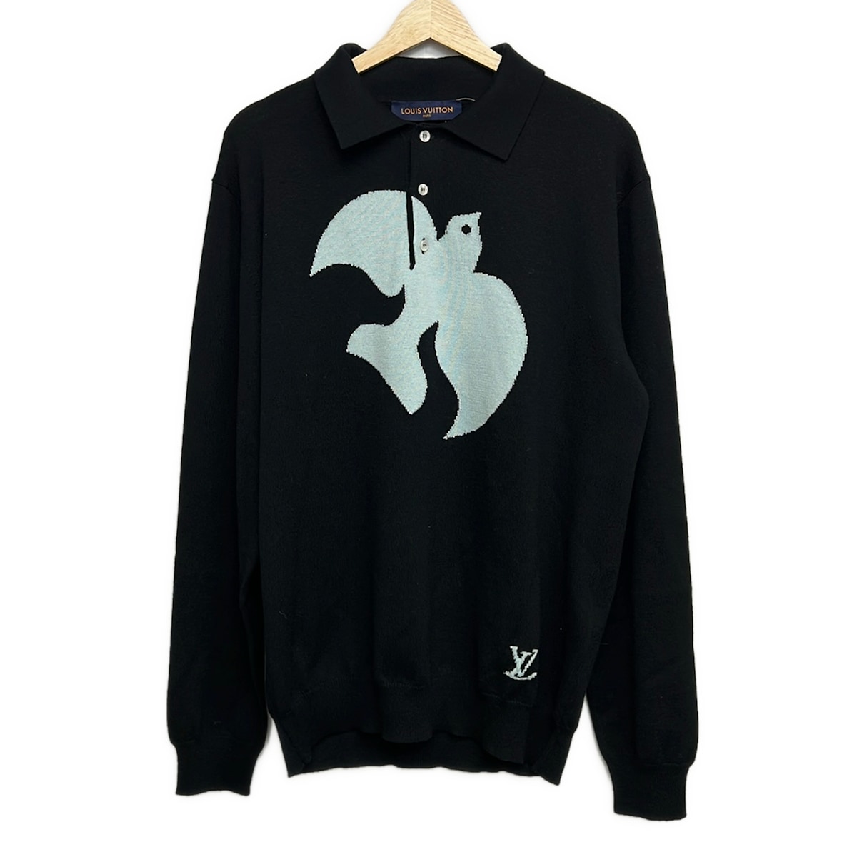 【中古】LOUIS VUITTON(ルイヴィトン) バードジャカードニットポロ長袖カットソー 長袖スウェーター 2023SS 黒×点火装置青色