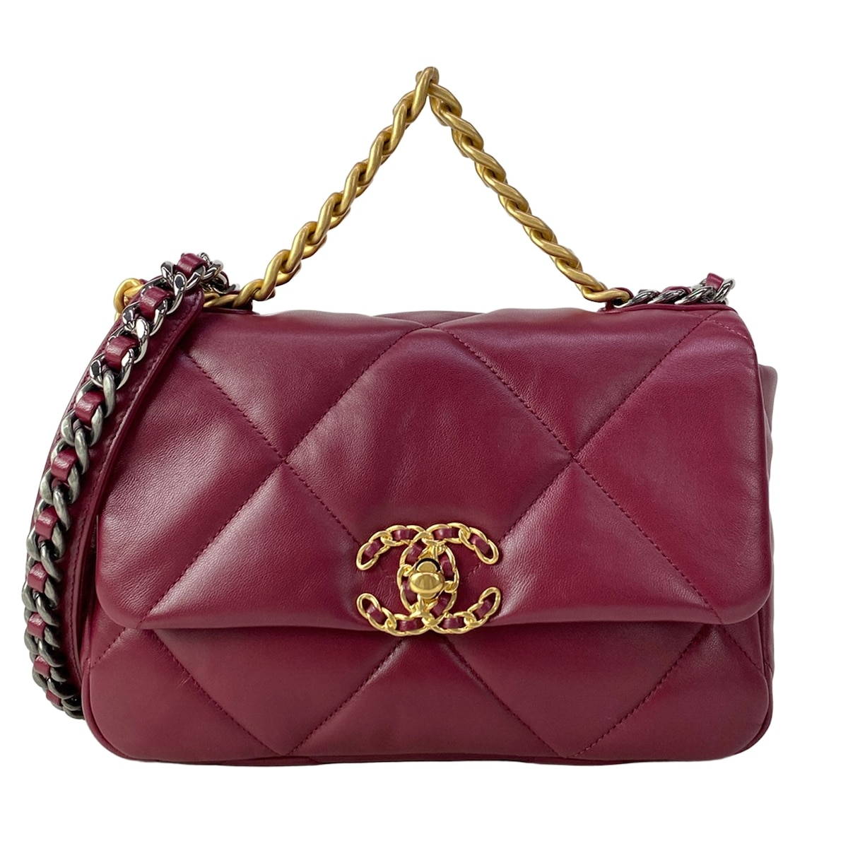 【新着】【中古】CHANEL(シャネル) CHANEL 19 ハンドバッグ ショルダーバッグ メタルシリアルプレート/2way/3カラー金具/チェーンショルダー ボルドー ラムスキン｜ブランディア　店