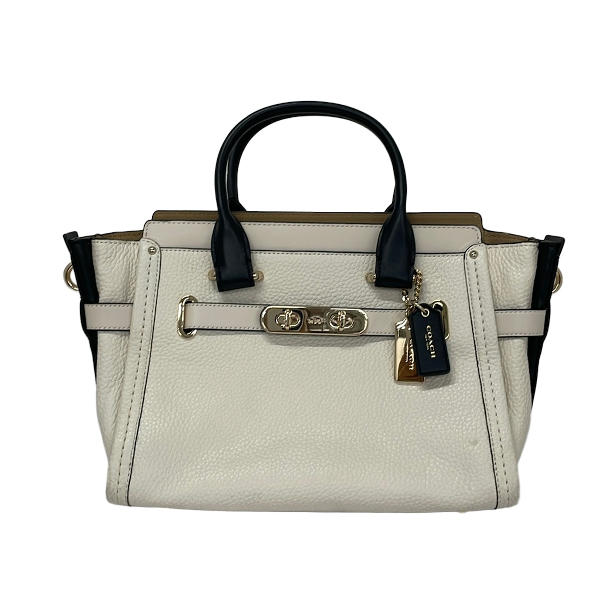 【新着】【中古】COACH(コーチ) スワッガー27 キャリーオール カラーブロック ハンドバッグ アイボリー×黒 レザー|ブランディア 店