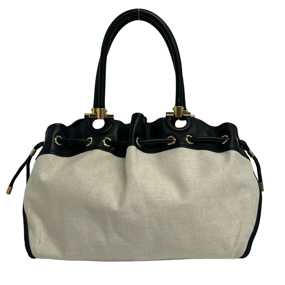 【中古】FERRAGAMO/SalvatoreFerragamo(サルバトーレフェラガモ) トートバッグ 巾着型 アイボリー&times;黒 レザー｜ブランディア　店
