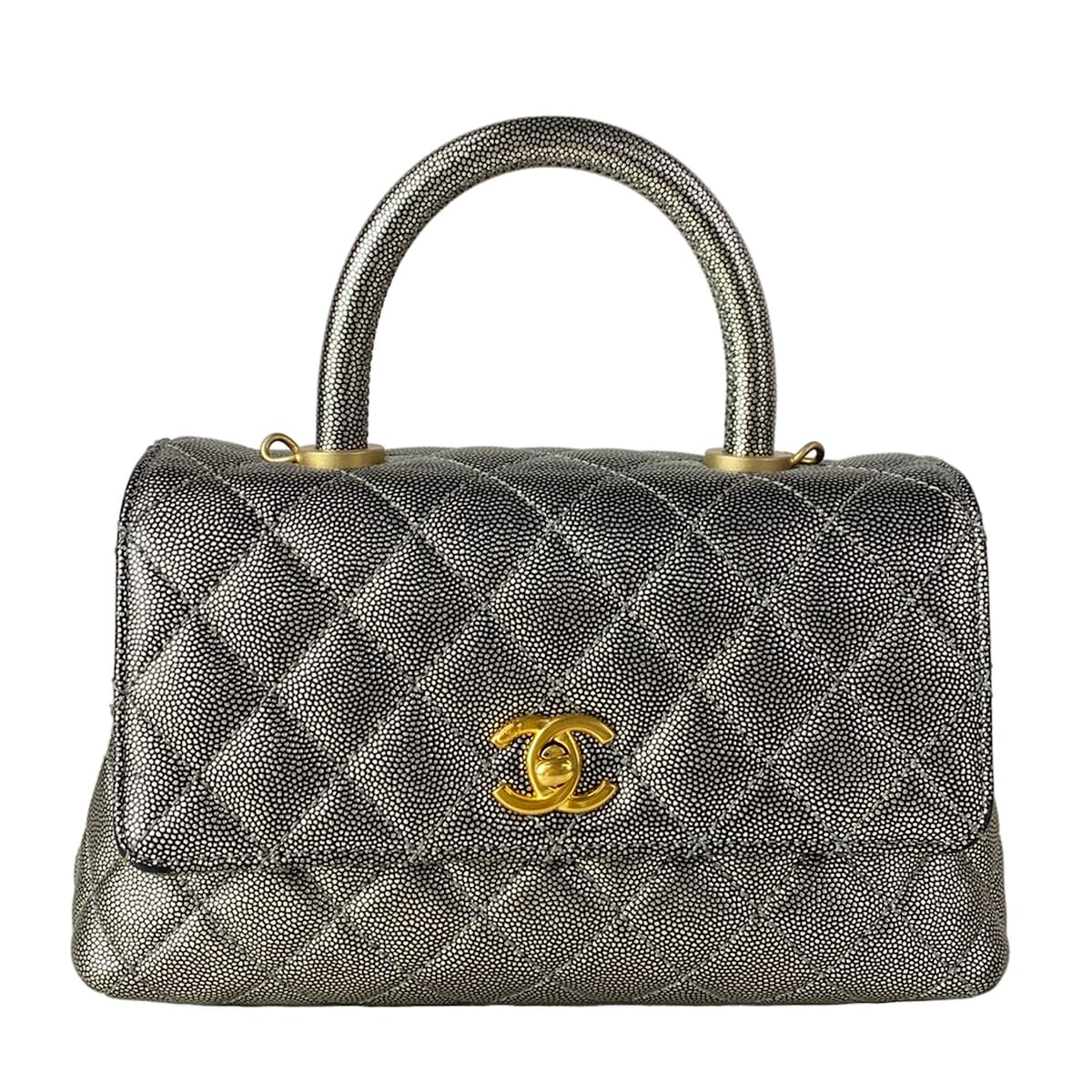 【中古】CHANEL(シャネル) いの一番手持ち部分 下げ翼 御徒面子/マトラッセ/ココハンドルXS ハンドバック ヴィンテージゴールド金具 しろがね色