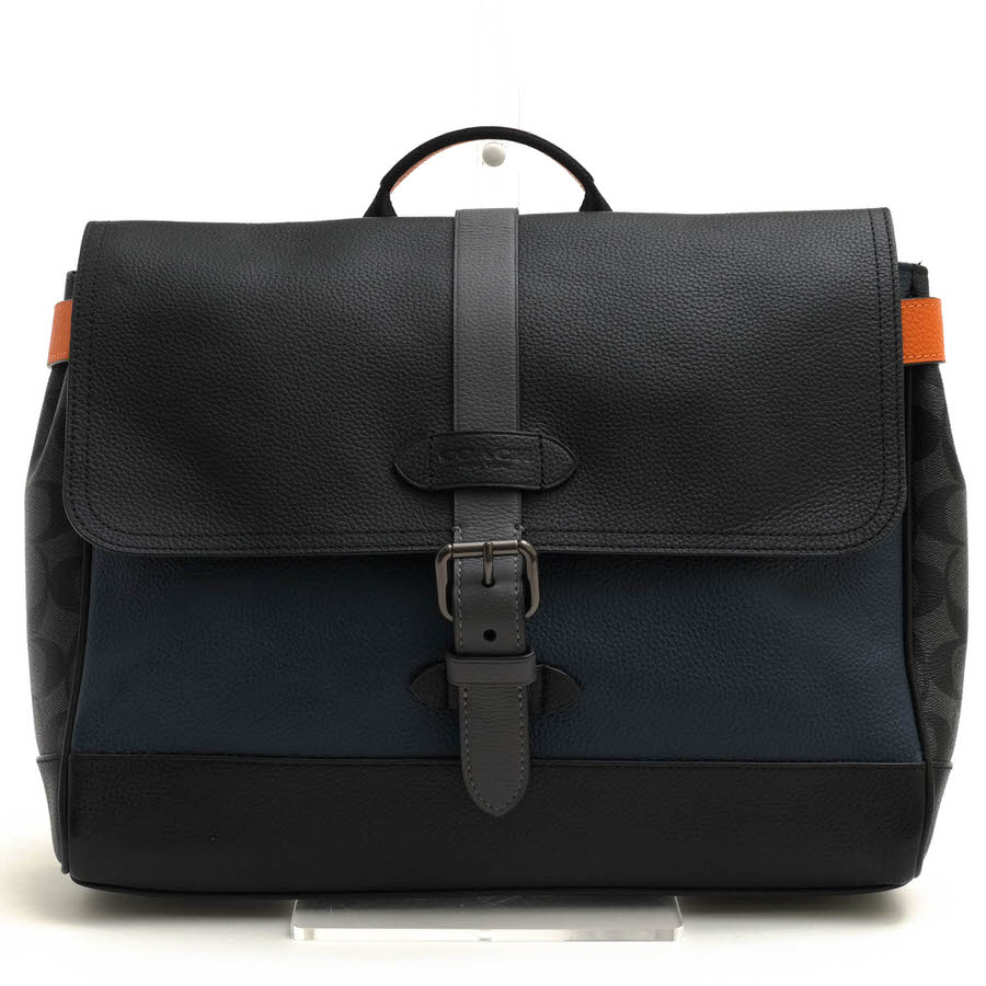 COACH ビジネスバッグ コーチ F76929 Hudson Small Messenger With Colorblock Signature Canvas ハドソン ペブルドレザー 牛革 シグニチャー柄 メッセンジャーバッグ シボ革 シュリンクレザー 2WAY ショルダーバッグ 【中古】