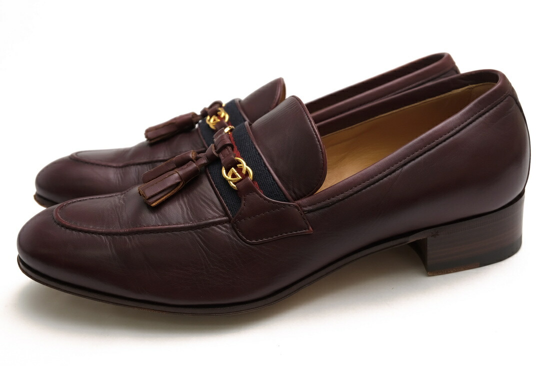 GUCCI タッセルローファー グッチ 624720 Paride Webbing-trimmed Tasselled Leather Loafers スムースレザー 牛皮 ウェブストライプ スリッポン レザーソール 【中古】