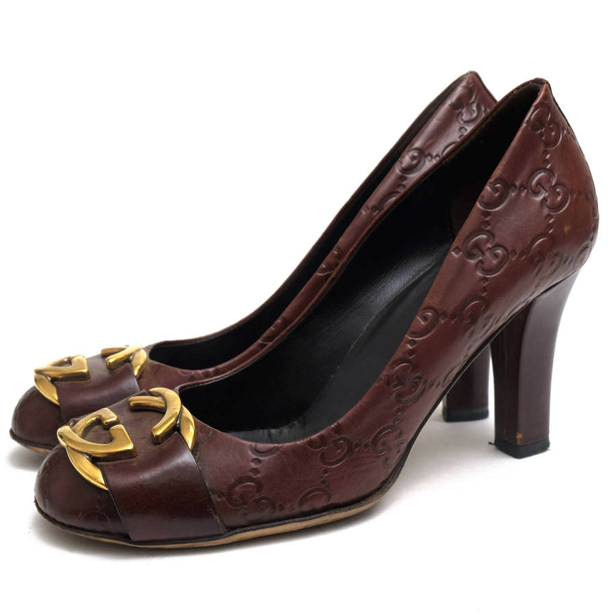 GUCCI パンプス グッチ GGシマ 牛革 インターロッキング レザーソール ハイヒール 【中古】