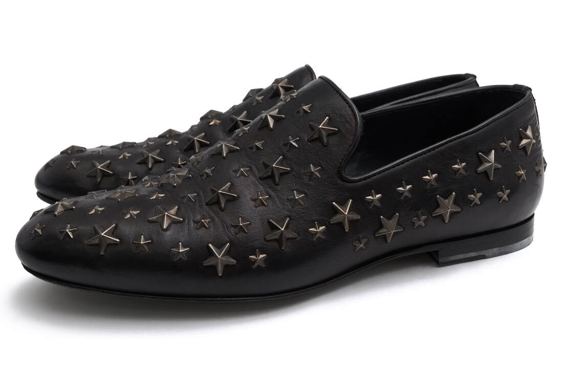 Jimmy Choo スリッポン ジミーチュウ 132 SLOANE BIKER LEATHER OMX BLACK SPORT CALF WITH MIXED STARS 牛皮 子ウシ スタースタッズ  【中古】