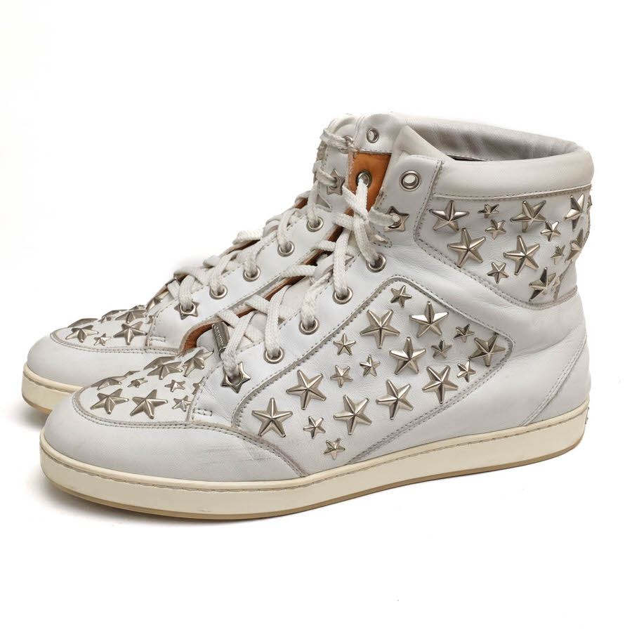 Jimmy Choo ハイカットスニーカー ジミーチュウ Tokyo White Leather Trainers With Stars 牛皮 子ウシ スタースタッズ  【中古】