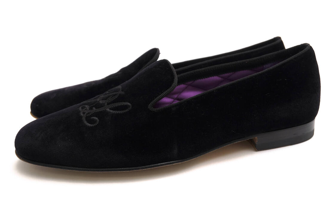 RALPH LAUREN スリッポン ラルフローレン Alonzo Embroidered Velvet Slipper Purple Label パープルレーベル ロゴタイプ刺しゅう レザーソール 【中古】