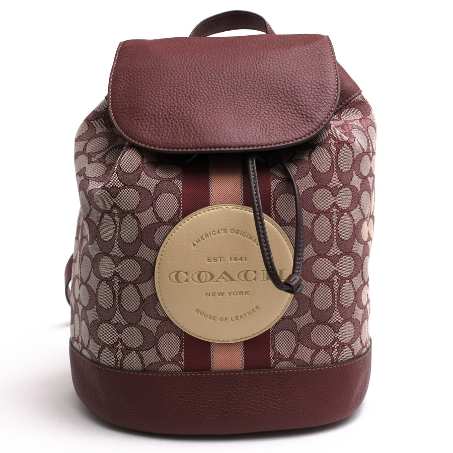 COACH リュック コーチ CE601 Dempsey Drawstring Backpack In Signature Jacquard With Coach Patch And Stripe シグネチャージャカード 牛革 ペブルレザー ストライプ デイパック 【中古】｜ブランディング