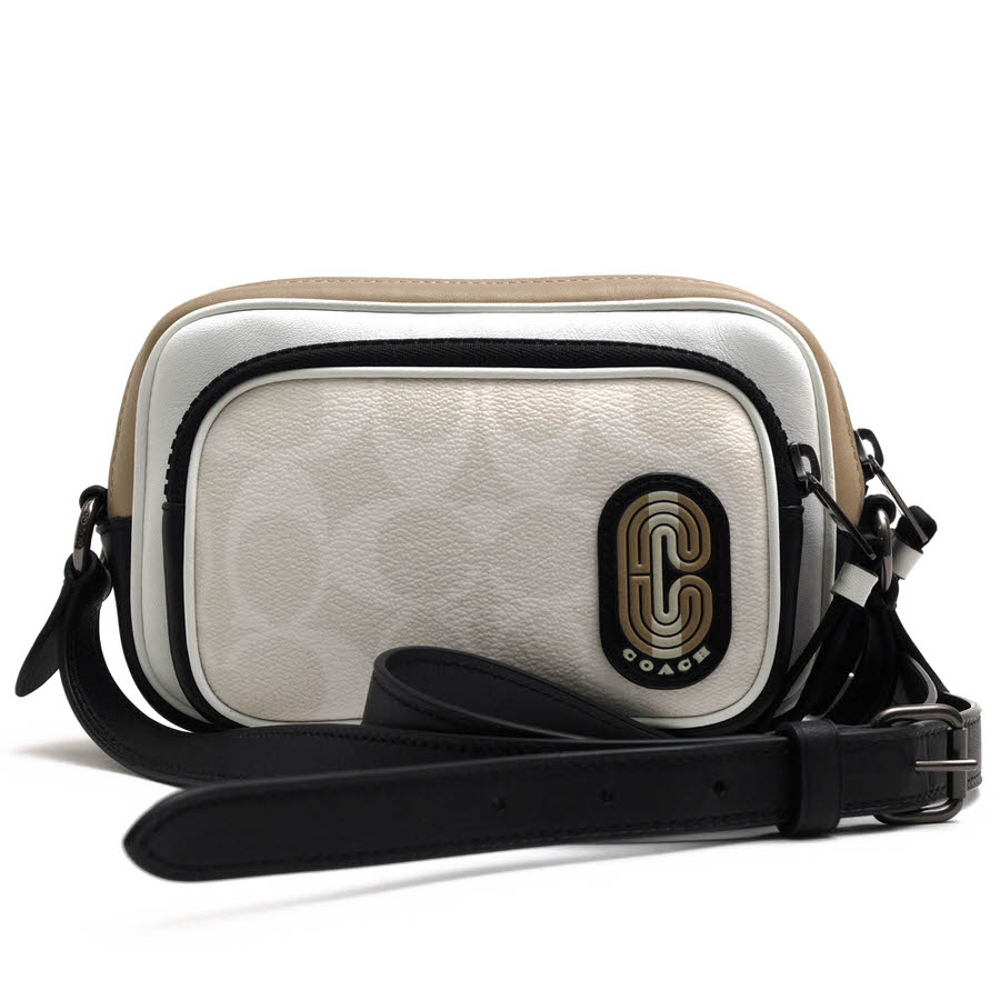 COACH ショルダーバッグ コーチ C4295 Mini Edge Double Pouch Crossbody In Colorblock Signature Canvas With Striped Coach Patch カラーブロック シグネチャー シグネチャーコーテッドキャンバス スムースカーフ 牛革 ポシェット 【中古】