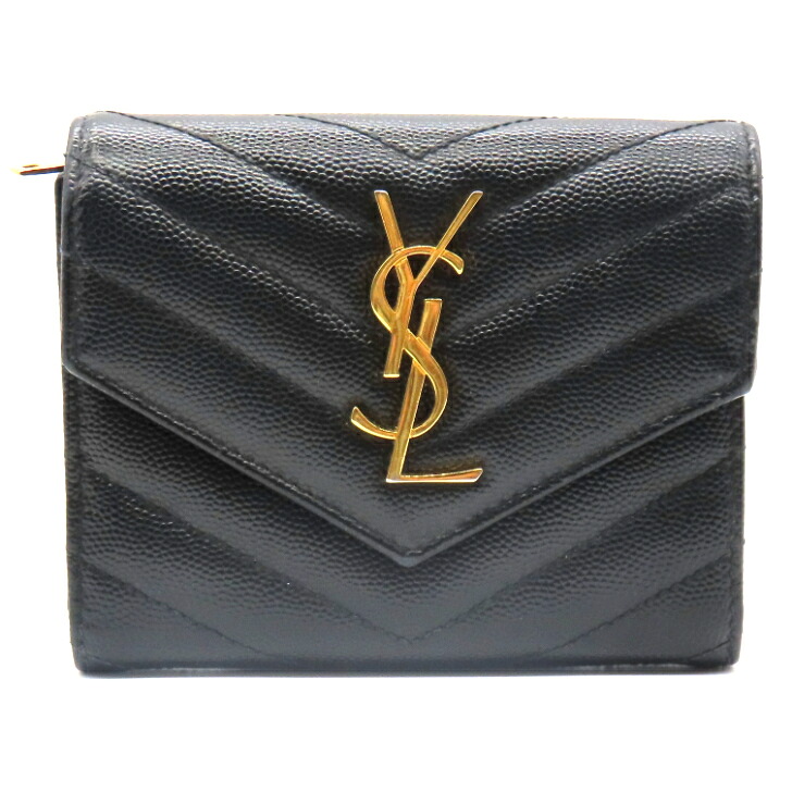 【本物引き受ける】SAINT LAURENT PARIS サンローランパリ 三つ折り紙入れ  403943 キャビア人はだ なめし革 黒いこと レディース 貨物輸送無料 【中古品】